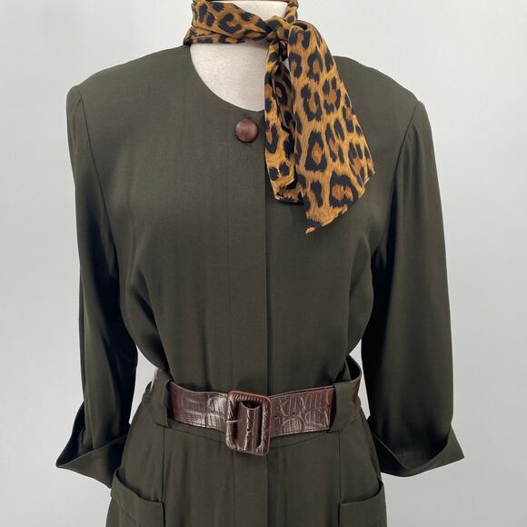 Vintage 80s Layered Blazer Dress Buckle Belted Midi Leopard Print Scarf Green 10 - Picture 3 of 9